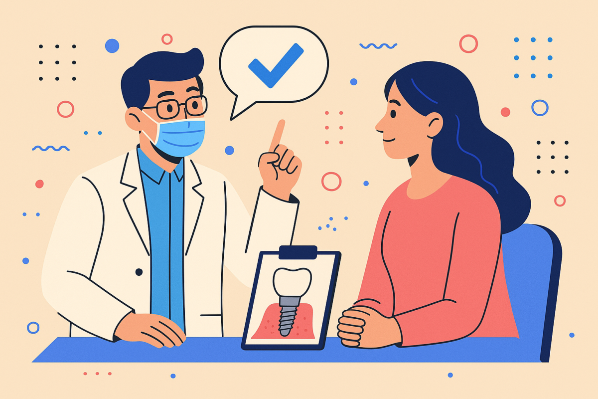 a dentist talking to a patient about the importance of dental implant care after surgery