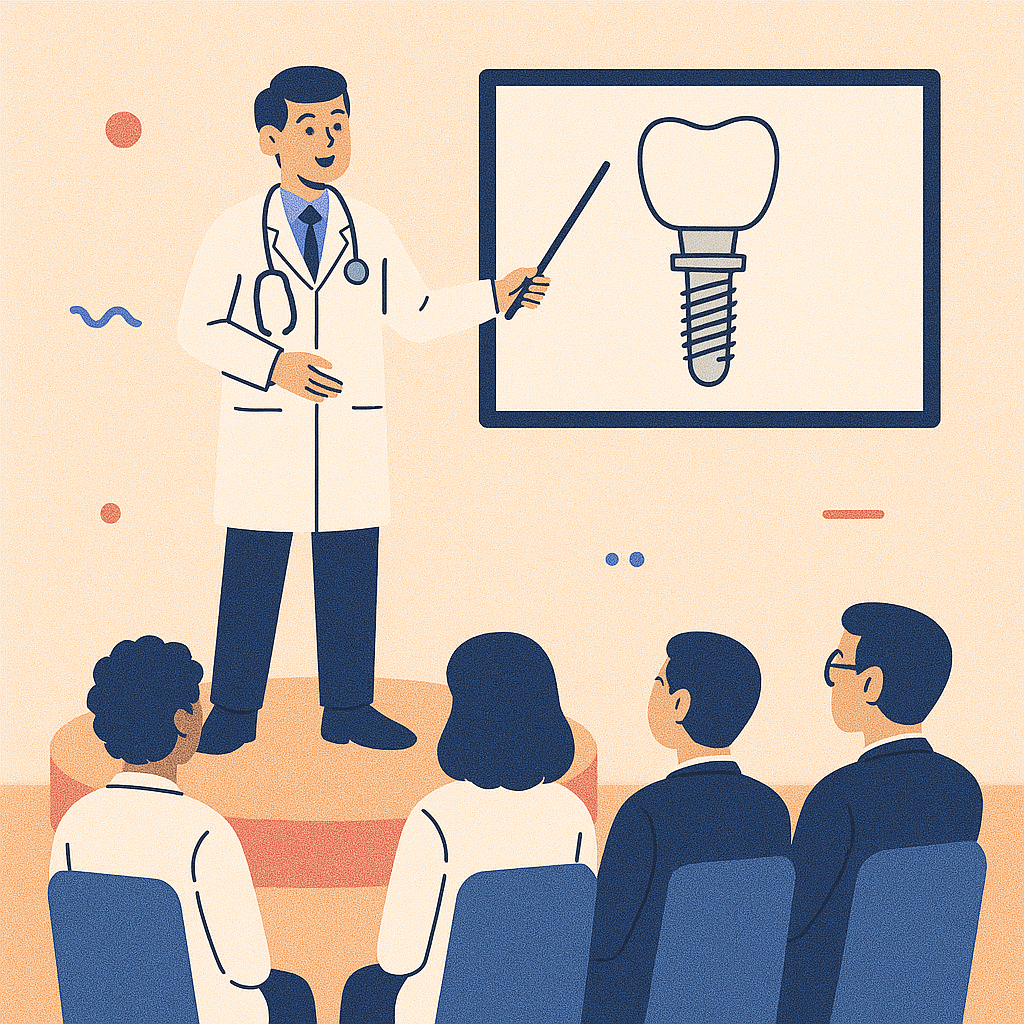 image of a male dentist on a small stage showcasing the dental implant technology to a small audience of doctors and scholars.