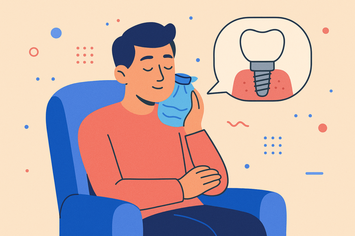 a man sitting in a cushiony chair applying an icebag on his face as a step in dental implant care after surgery