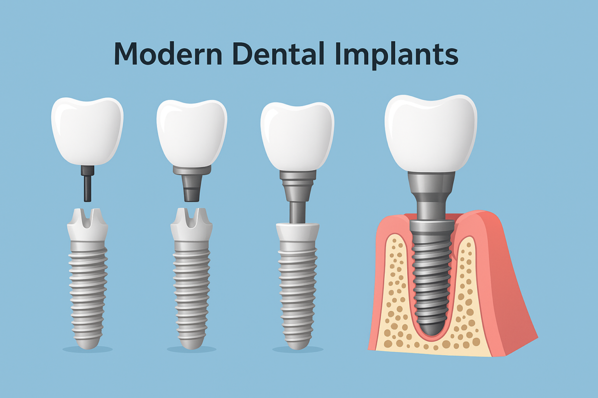 Image of modern dental implants in four stages of implementation