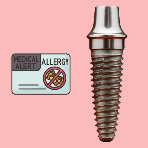 A titanium post of a dental implant next to a card that states "Medical Alert: Allergy"