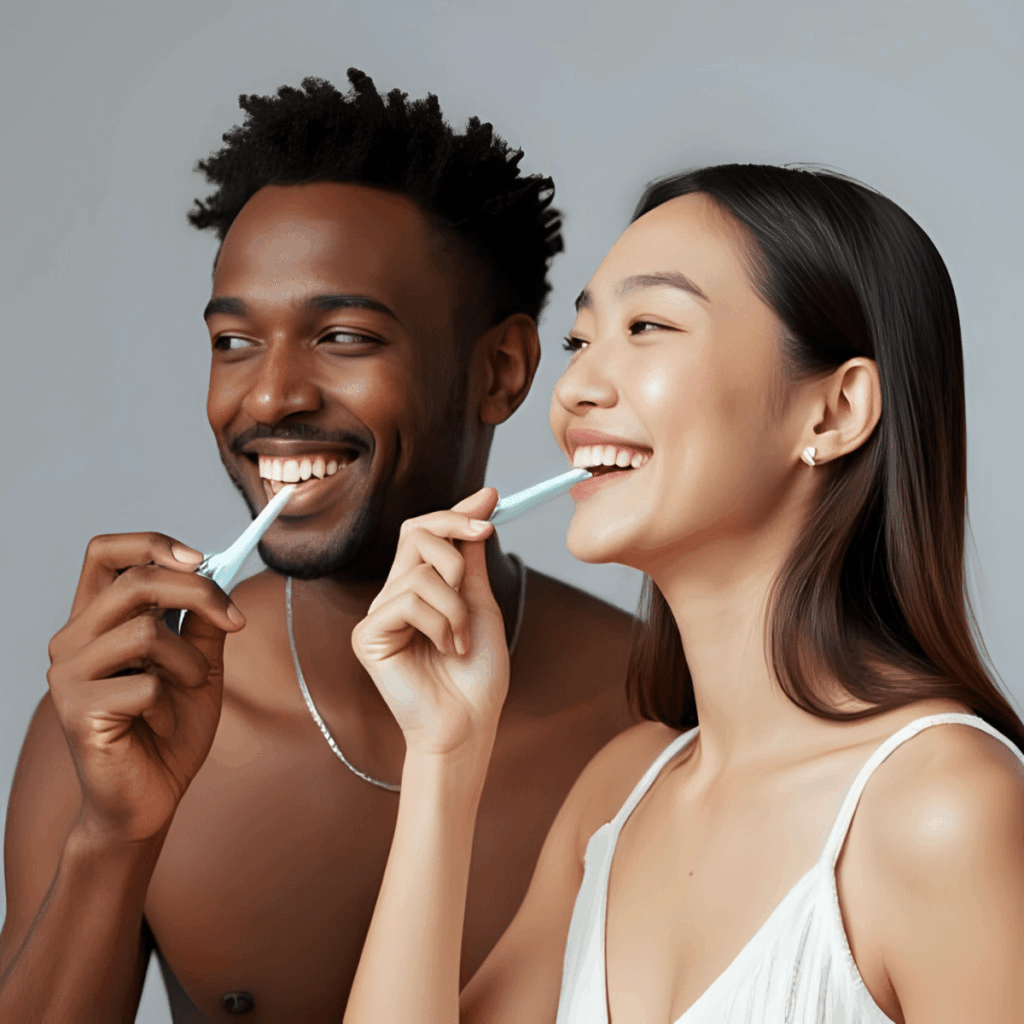 Two people are using their flossing time