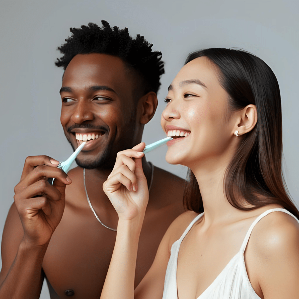 Two people are using their flossing time